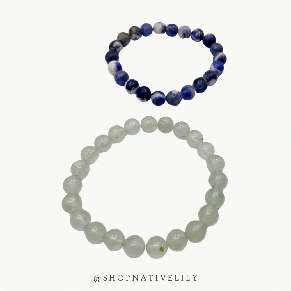 Natural Stone Stretch Beaded Bracelet Set Sodalite Quartz Blue Green Crystal OS